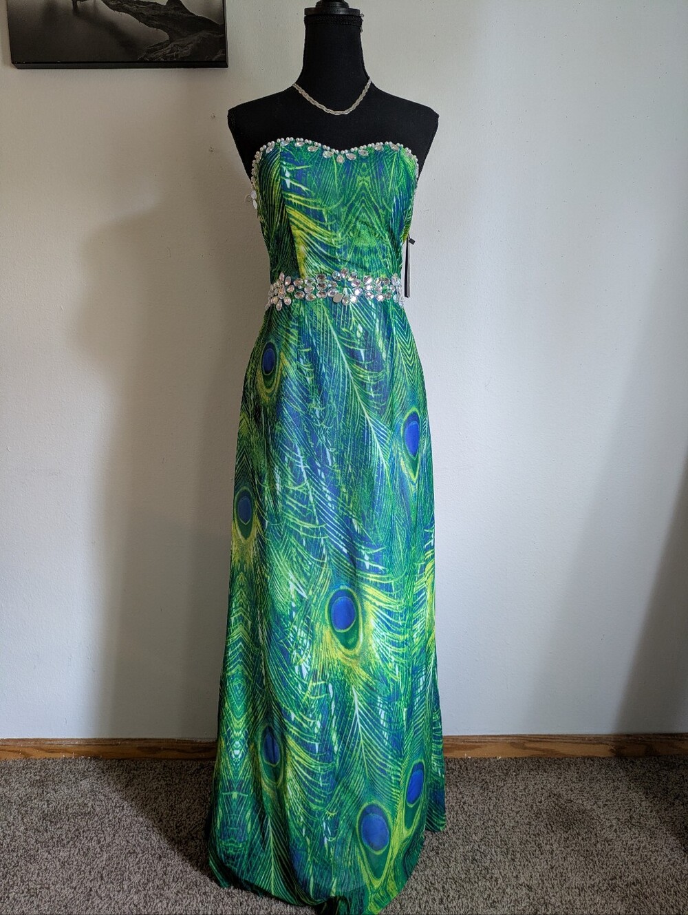 Angel Fashions Peacock Feather Print Strapless Rhinestone Dress - Size L